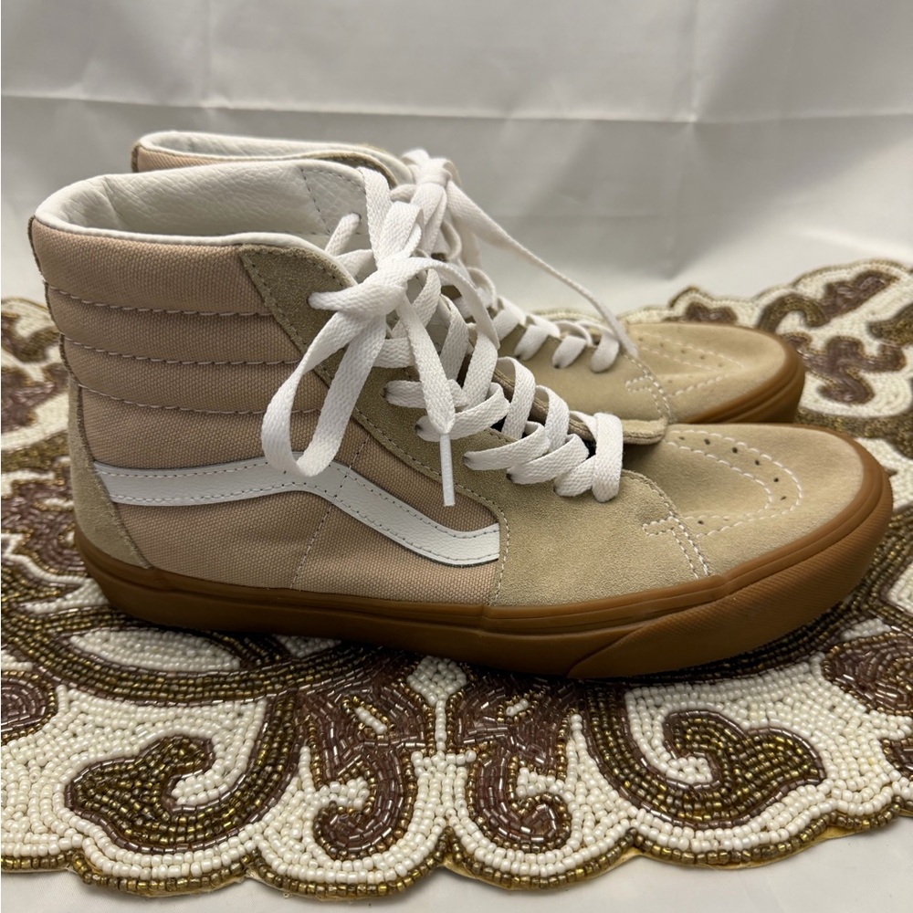 Vans Sk8-Hi Humus,Beige, Tan Gum Suede Canva High-Top Sneakers with White Stripe